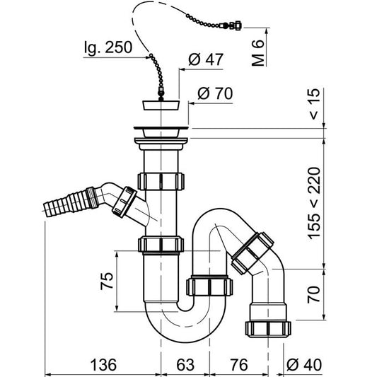 SP3151 SIPHON P + BONDE A BOUCHON POUR EVIER, Debrico, magasin de matériaux de construction sur Bruxelles