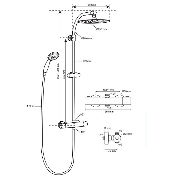 Colonne de douche laiton MILANO chromé avec mitigeur thermostatique  96x120x54 cm