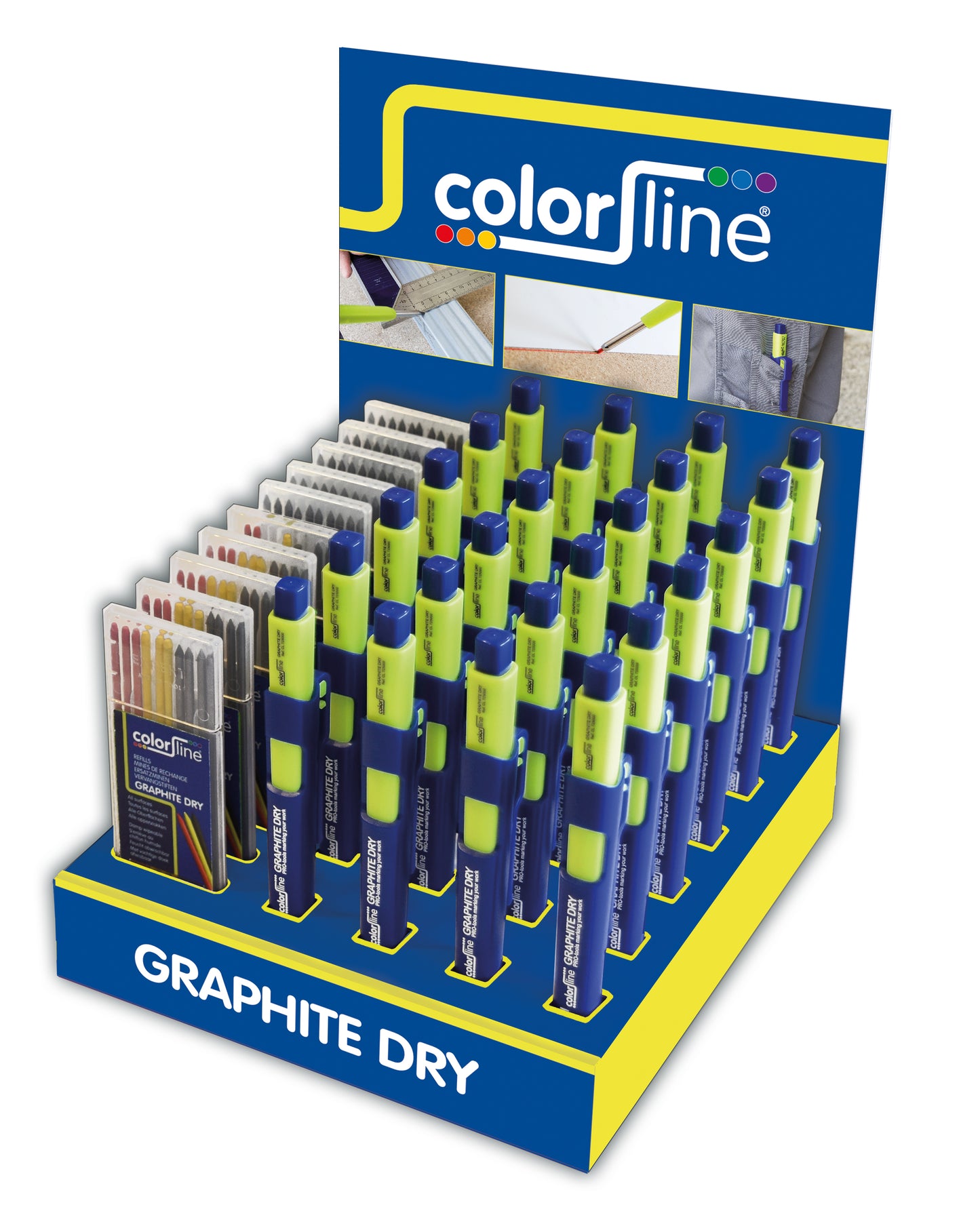 ASSORTMENT OF MECHANICAL PENCILS AND REFILLABLE LEADS IN DISPLAY: 24X + DRY GRAPHITE PENCIL: 10 x GRAPHITE LEADS