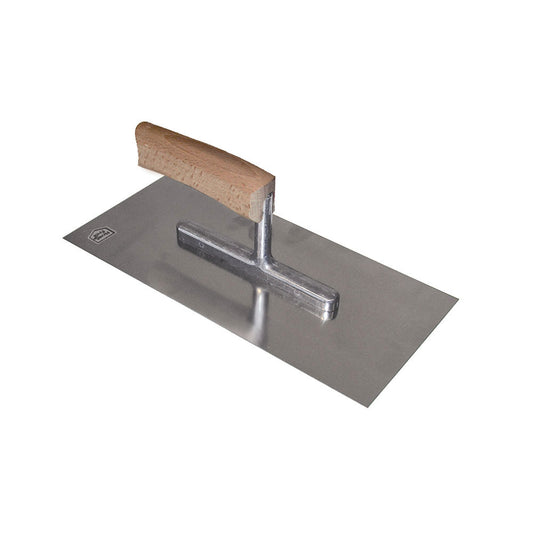 Debrico, magasin de matériaux de construction sur Bruxelles,PLATRESSE STANDARD 280 X 130 X 0,7 MM AVEC MANCHE COURBE EN BOIS - INOX,