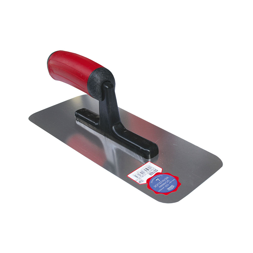 Debrico, magasin de matériaux de construction sur Bruxelles, PLATRESSE 280 X 120/95 X 0,7 MM COINS ARRONDIS MANCHE SOFT GRIP - INOX,