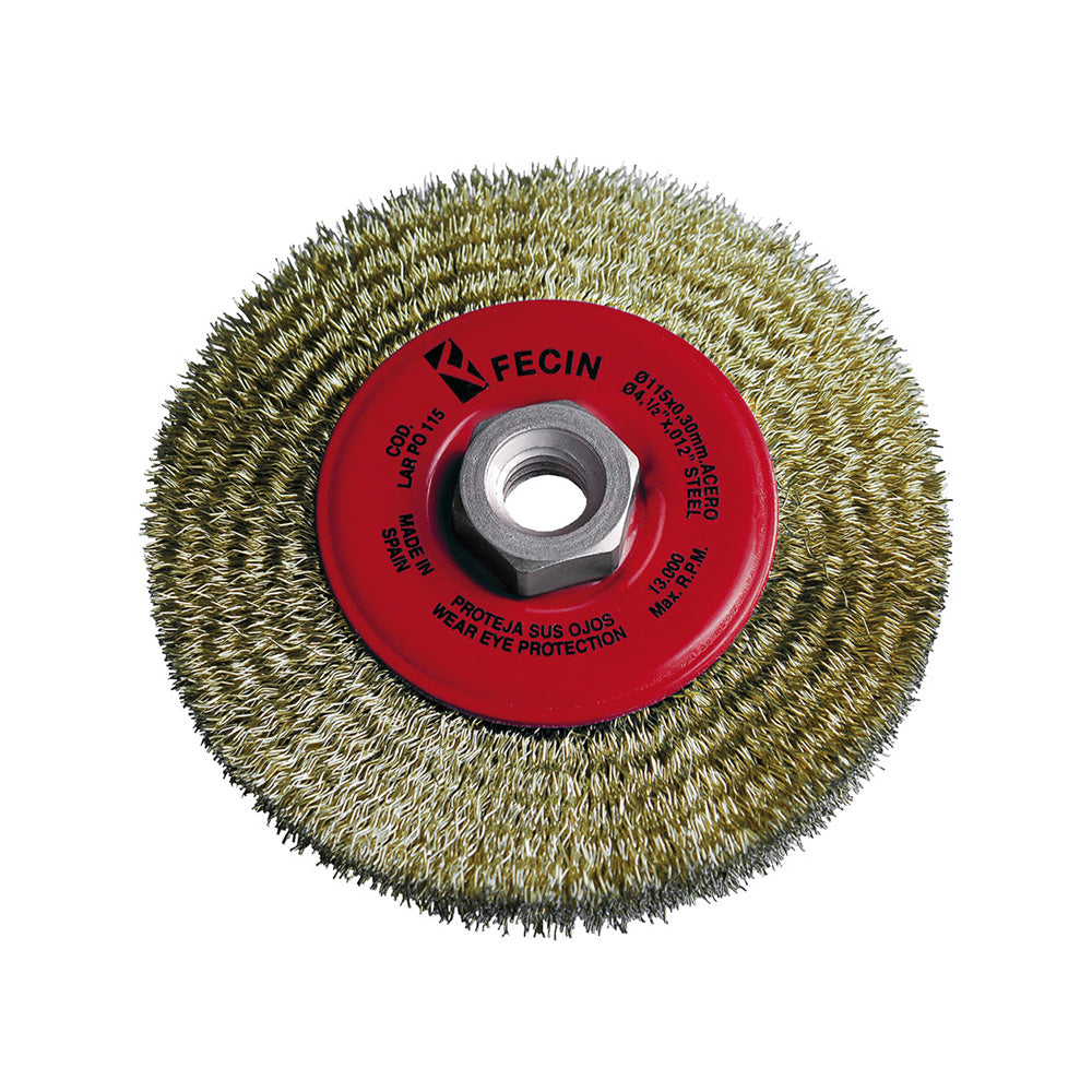 Debrico, magasin de matériaux de construction sur Bruxelles, BROSSE RONDE PO Ø115/M14/0,30 / ACIER LAITONNE, BLISTER PACK,