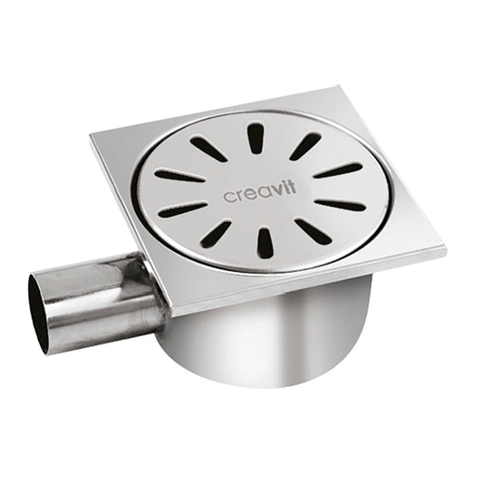 CREAVIT STAINLESS STEEL FLOOR DRAIN, SQUARE HORIZONTAL OUTLET 15 X 15 Ø 50