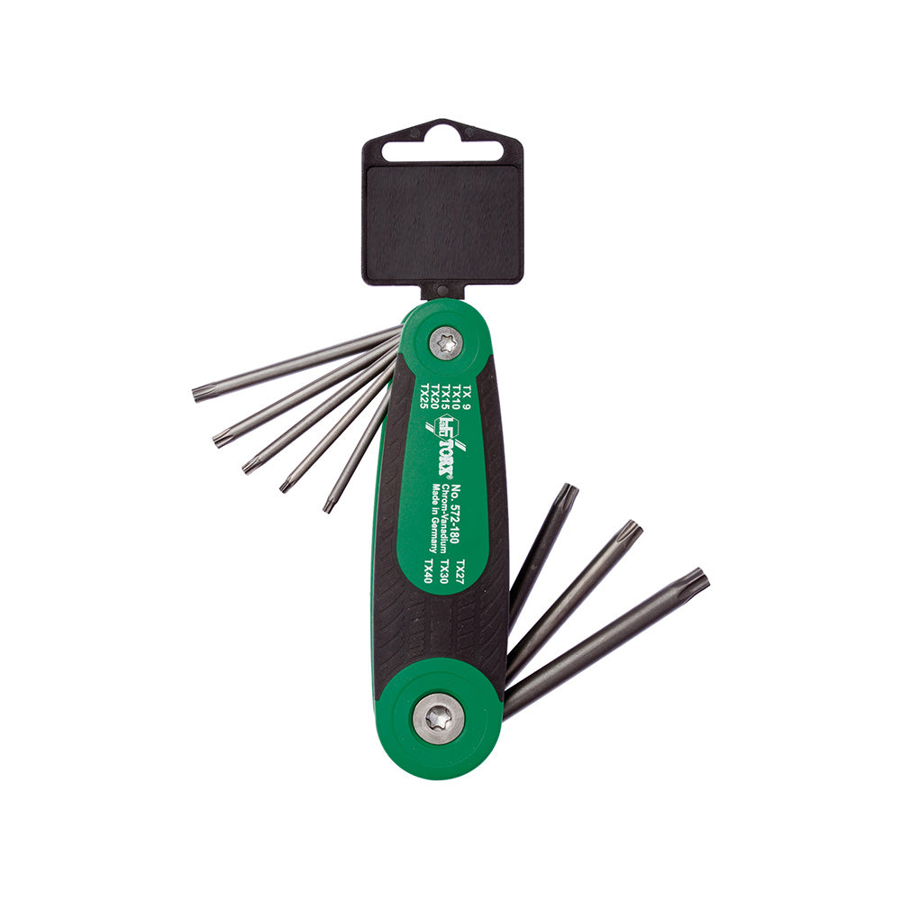 Debrico, magasin de matériaux de construction sur Bruxelles, CLES SIX-PANS MALES "FOLDEX" DUO - SUPPORT 2K PLIABLE - TORX® R - 8 PCS - TX9>TX40 (EX BG 022042),