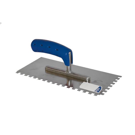 Debrico, magasin de matériaux de construction sur Bruxelles, PLATRESSE DENTELEE 280 X 130 / 8 X 8 MM / ZG20 AVEC MANCHE SOFT GRIP - INOX,