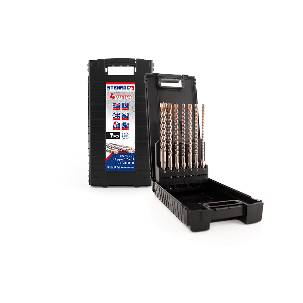 Debrico, magasin de matériaux de construction sur Bruxelles, STENROC SDS-PLUS PREMIUM 4-CUTTER SET , SET 7 PCS. - 160 MM,