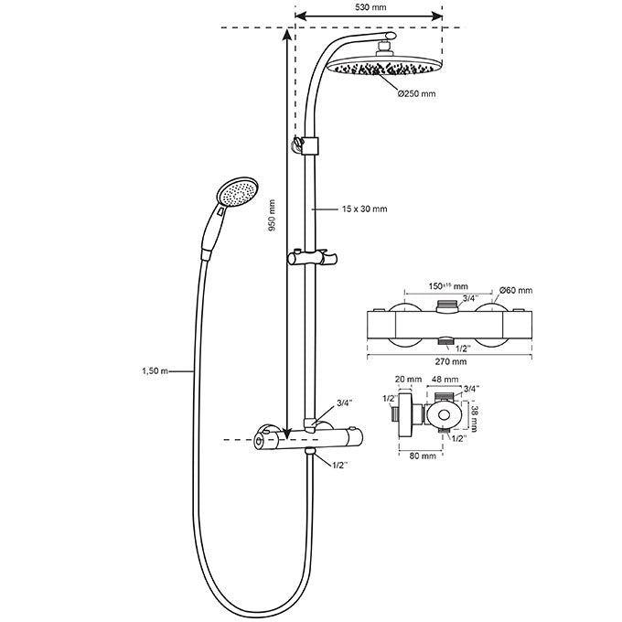 SIENA COMFORT SHOWER COLUMN WITH BRASS THERMOSTATIC MIXER WITH 38° SAFETY 