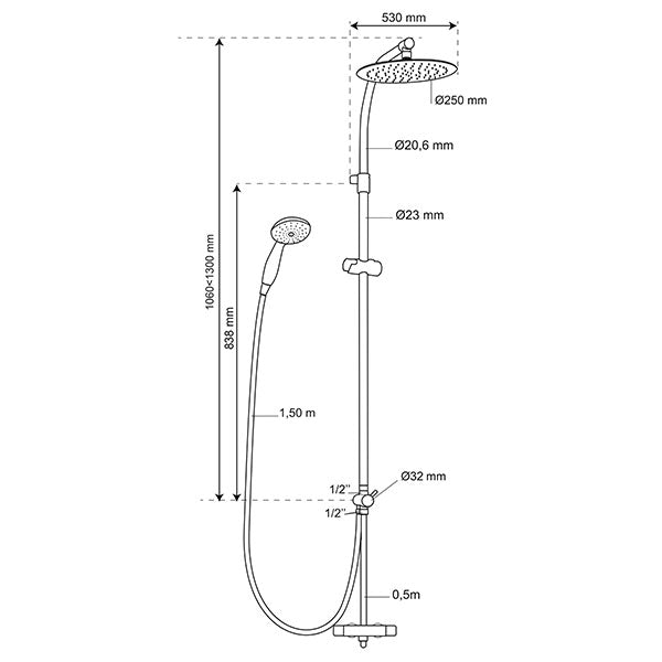 MILANO SWITCH SHOWER COLUMN WITH BRASS DIVERTER Ø32 mm 