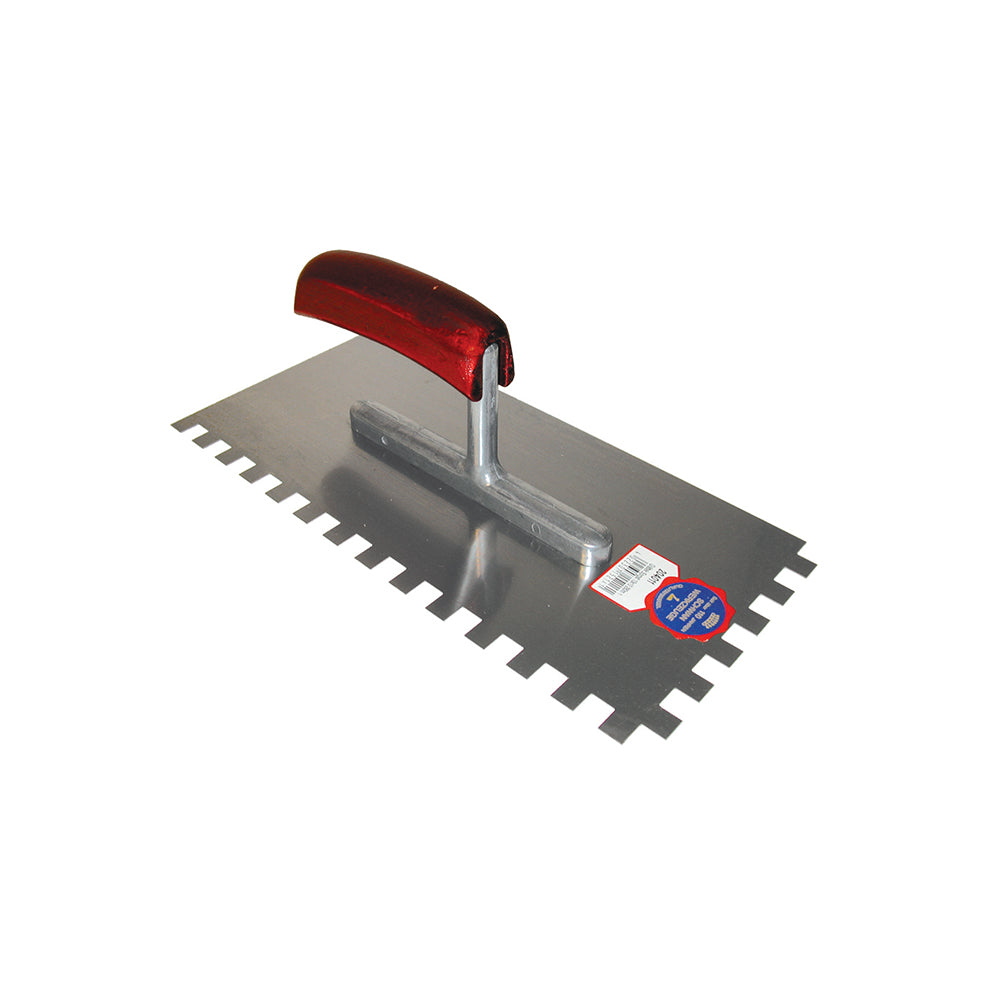 Debrico, magasin de matériaux de construction sur Bruxelles, PLATRESSE DENTELEE 280 X 130 / 6 X 6 MM / ZG18AVEC MANCHE BOIS COURBE - INOX, 