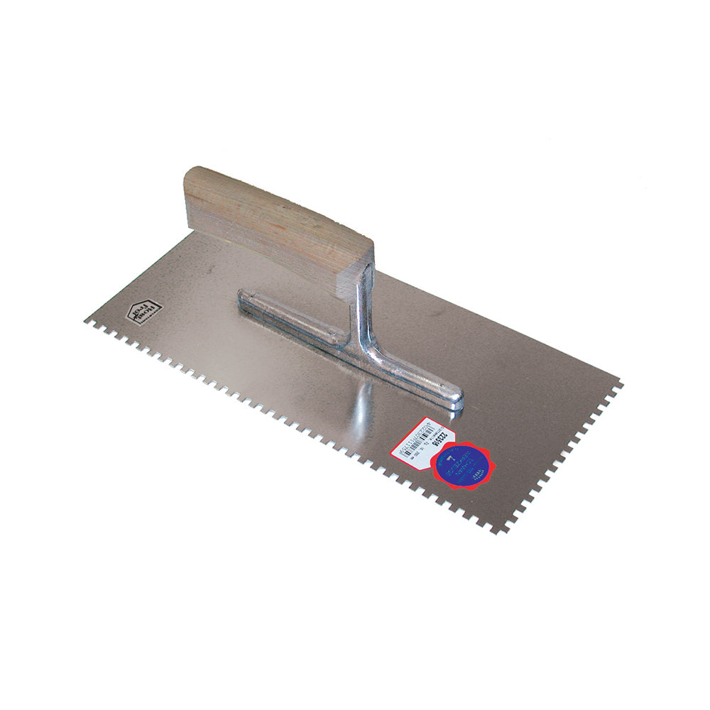 Debrico, magasin de matériaux de construction sur Bruxelles,PLATRESSE DENTELEE 280 X 130 / 6 X 6 MM / ZG18 AVEC MANCHE BOIS COURBE -ACIER, 