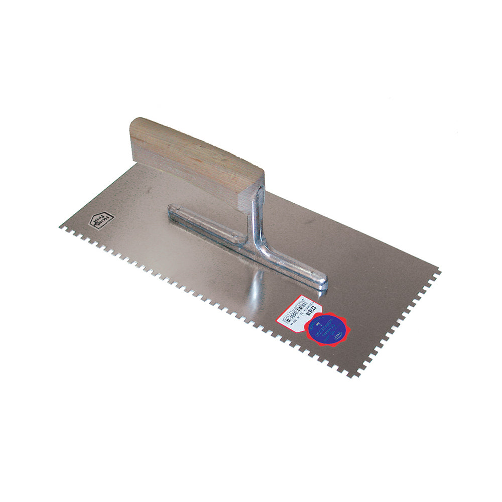 Debrico, magasin de matériaux de construction sur Bruxelles, PLATRESSE DENTELEE  280 X 130 / 10 X 10 / ZG22 AVEC MANCHE EN BOIS COURBE  - INOX, 