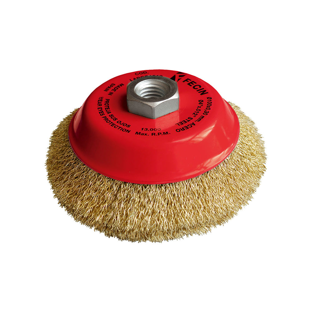 BROSSE CONIQUE F-15 Ø100/M14/0,3 / ACIER LAITONNE, BLISTER PACK, Debrico, magasin de matériaux de construction sur Bruxelles